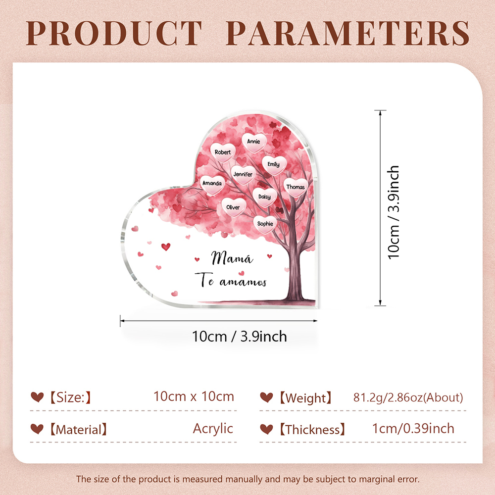A mi mamá/abuela-Placa de acrílico "Árbol" en forma de corazón 9 nombres y 1 texto personalizados-Jessemade ES