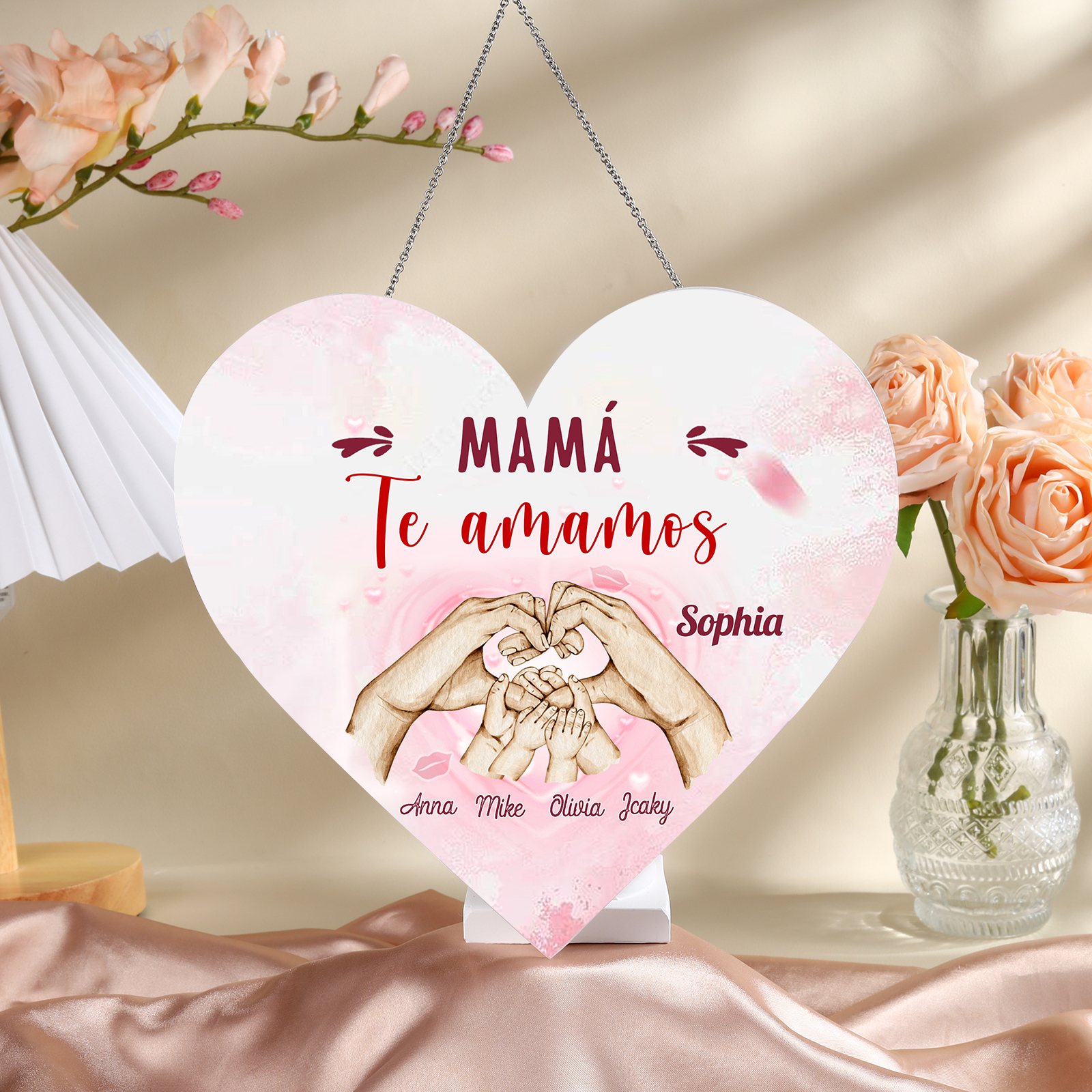 A mi mamá/abuela-Lámpara Colgante Personalizada con 2-5 Nombres y 2 Textos "mano a mano" 3D Ilusión Luz de Noche-Jessemade ES