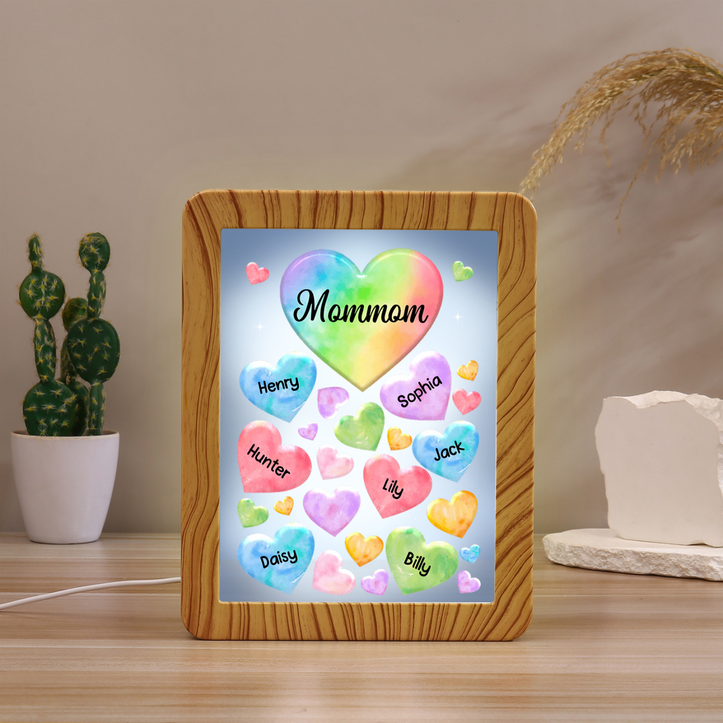 Marco/Espejo con LED Multifuncional Corazones 1-7 Nombres Personalizados con 1 Texto-Jessemade ES