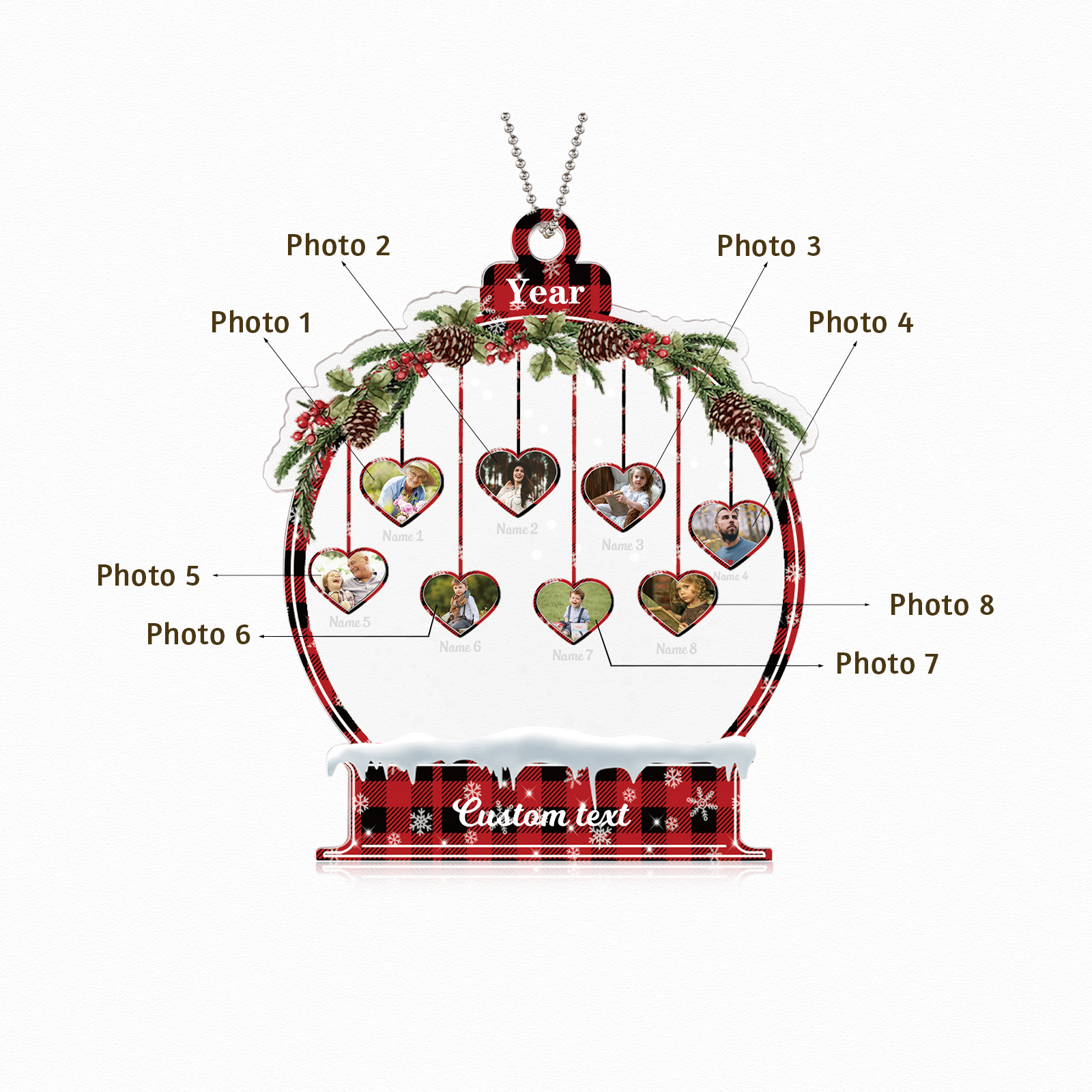 Navidad-Ornamento navideño de acrílico bola de cristal con 8 nombres, 8 fotos y 1 texto personalizados-Jessemade ES