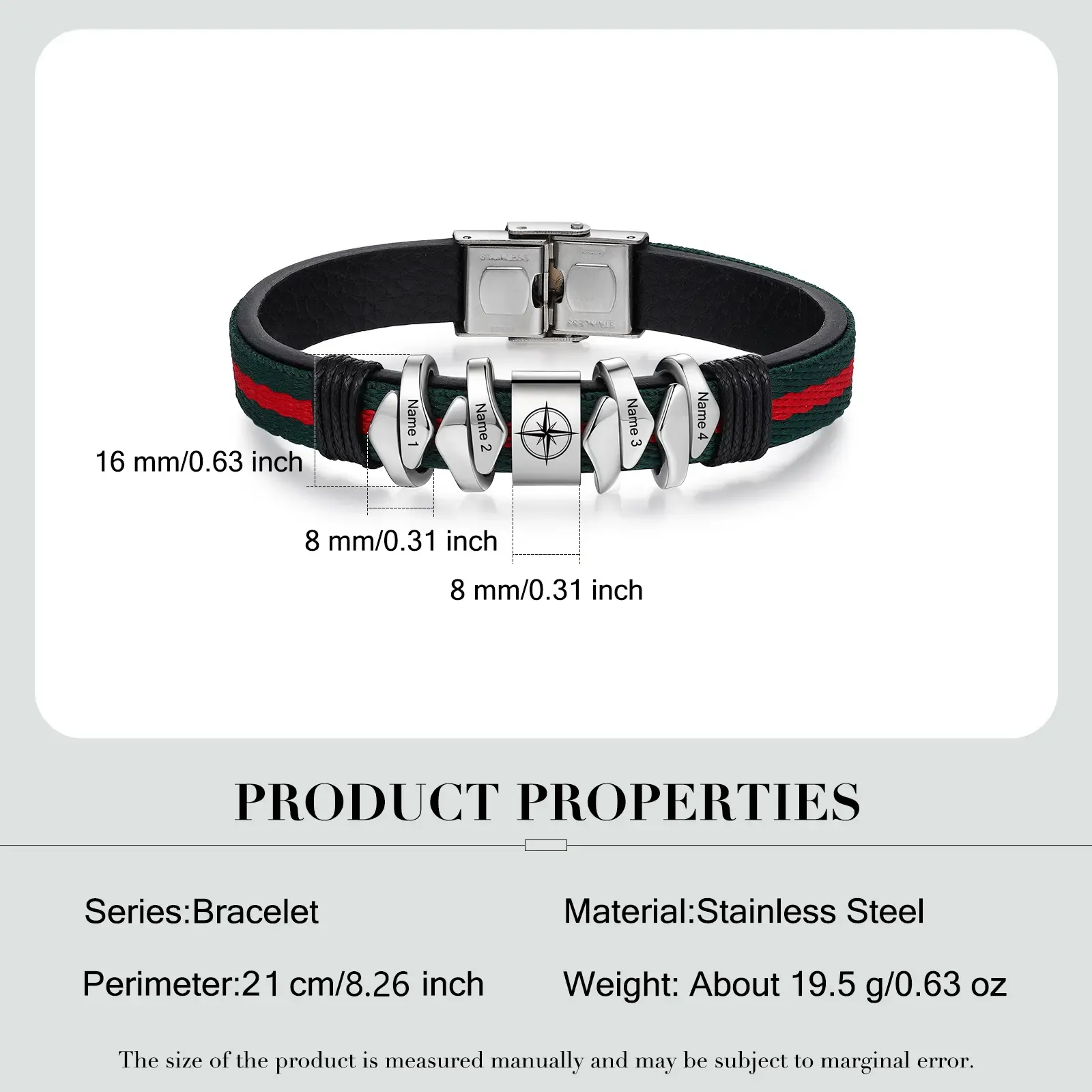 Pulsera 4 Nombres Personalizados de Cuero y Cuerda con Aros-Jessemade ES