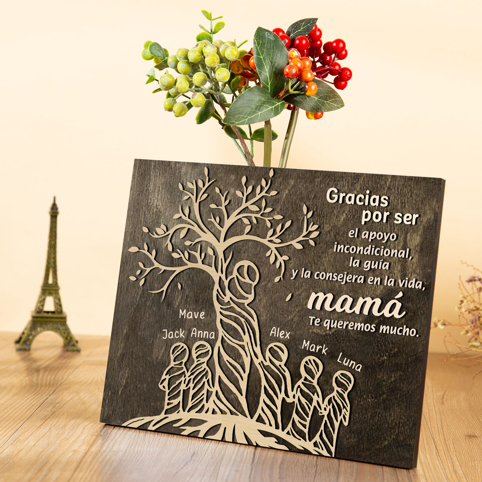 A mi mamá-Lámina mujer de árbol marco de madera personalizado con 6 nombres-Jessemade ES