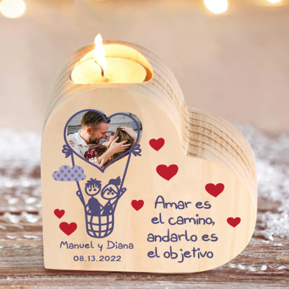 Candelero de madera globo aerostático para pareja sin vela personalizado con 2 nombres, fecha y foto-Jessemade ES