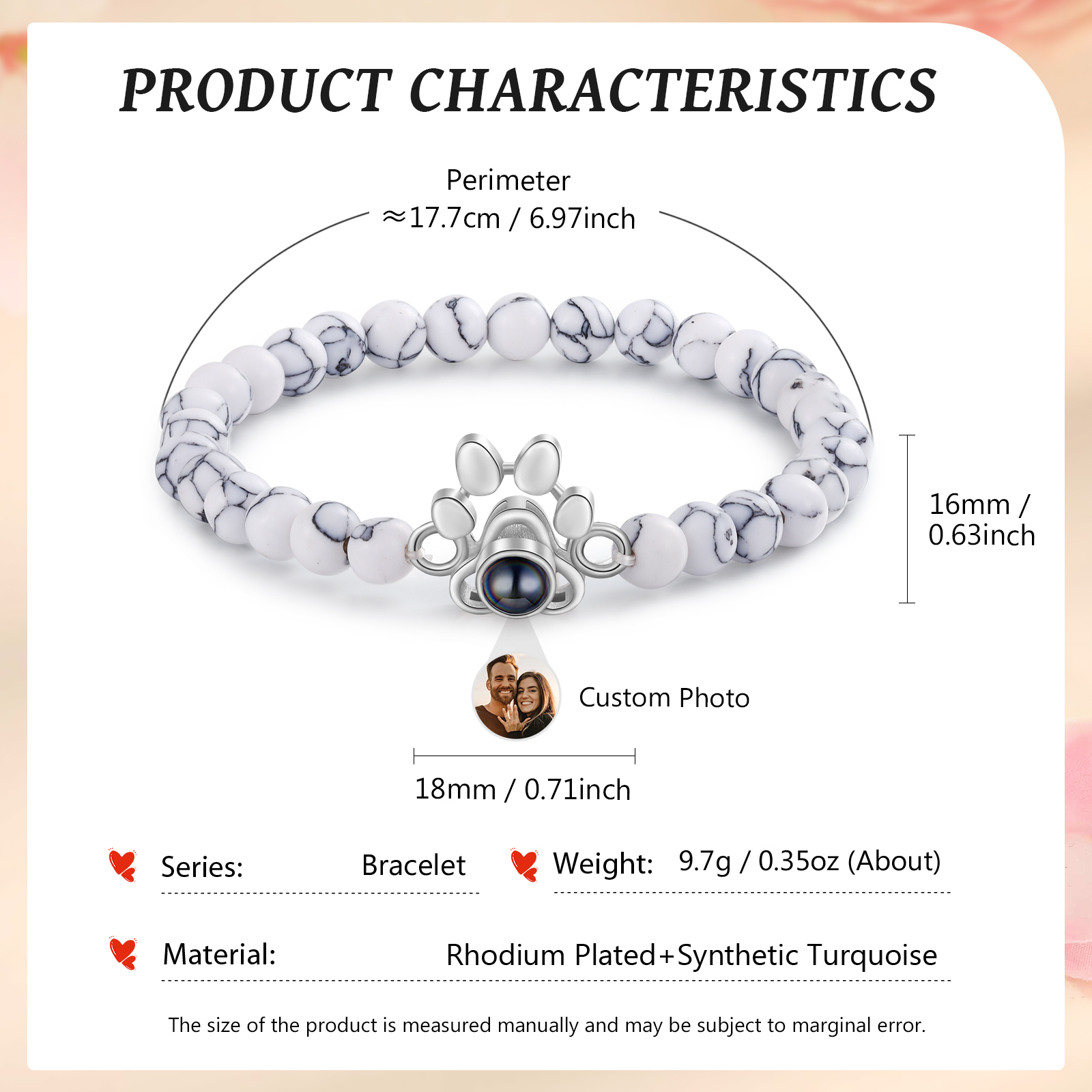 Pulsera de turquesa sintética con proyección de foto en color con dije de pata-Jessemade ES