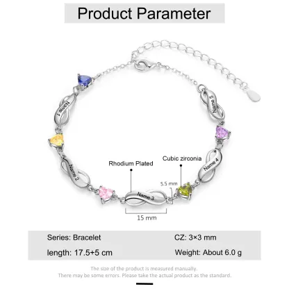 Pulsera "infinito" personalizada con 5 nombres y 5 piedras de nacimiento de corazón-Jessemade ES