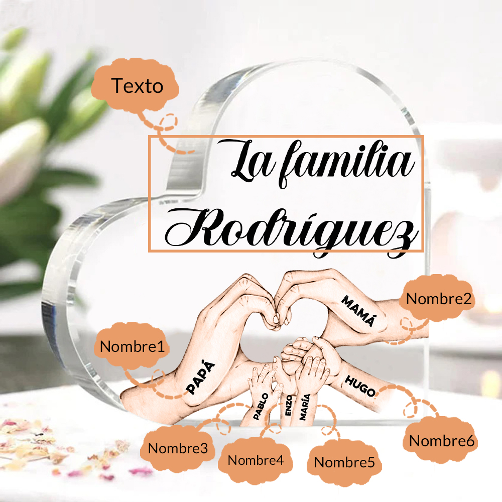 Placa de acrílico en forma de corazón mano a mano con 1 texto y 6 nombres personalizados-Jessemade ES