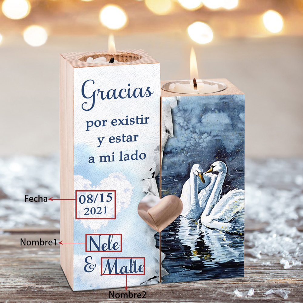 Candelero para pareja de madera de dos piezas sin candela con 2 nombres y fecha personalizados-Jessemade ES