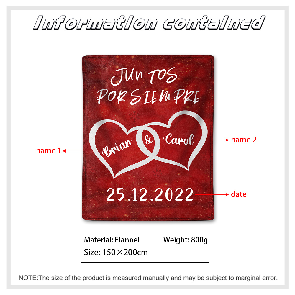 Pareja-Manta de buen calidad de corazones conectados personalizada con nombres y fecha-Jessemade ES