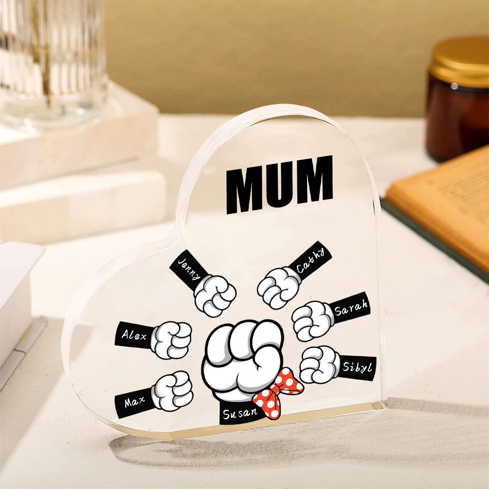 A mi mamá/abuela-Placa de acrílico "Puños" en forma de corazón 7 nombres y 1 texto personalizados-Jessemade ES