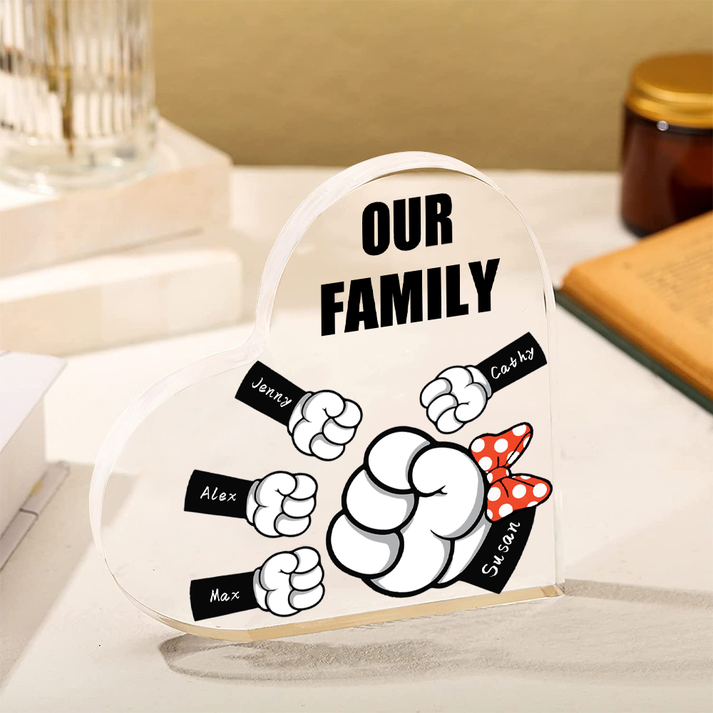 A mi mamá/abuela-Placa de acrílico "Puños" en forma de corazón 5 nombres y 1 texto personalizados-Jessemade ES