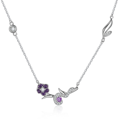 Collar de flor de febrero violeta con nombre personalizado y piedra de nacimiento-Jessemade ES