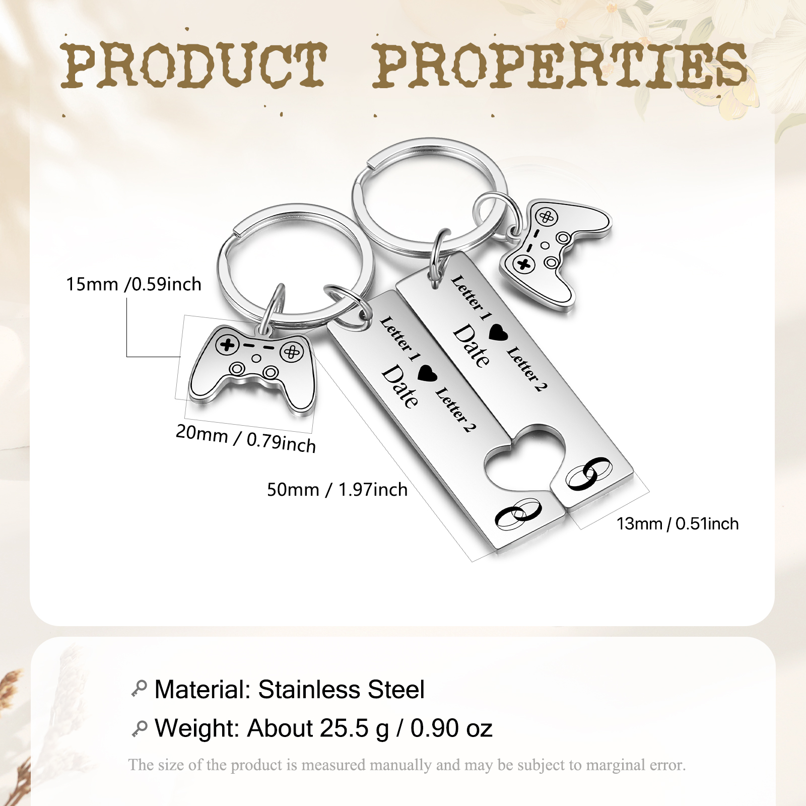 Llavero para pareja anillos 2 letras personalizadas con fecha dije de mando-Jessemade ES