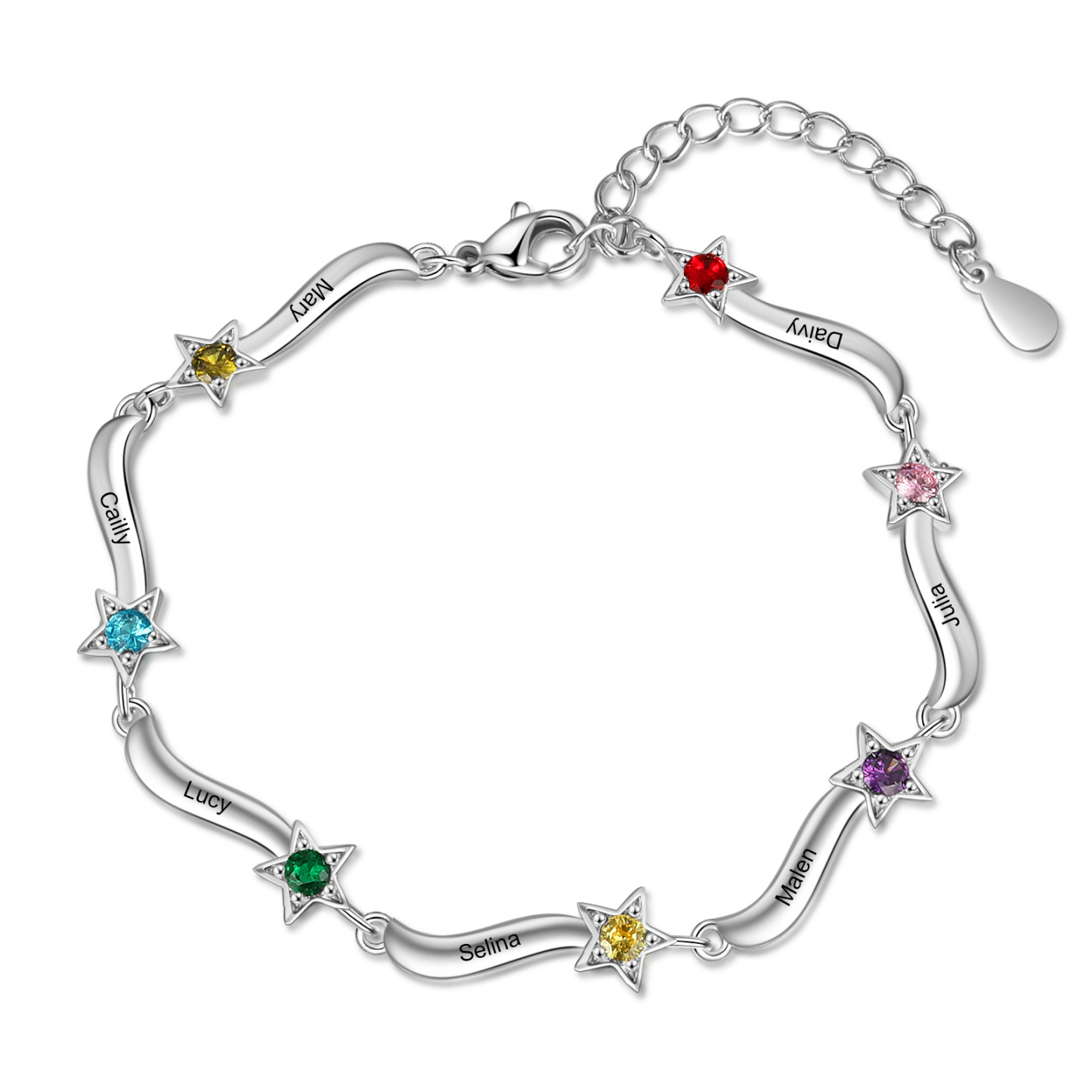 Pulsera Brazalete personalizada de 7 nombres y estrellas con 7 piedras de nacimiento-Jessemade ES