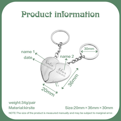 Llavero de corazón para pareja "Juntos un corazón completo" 2 nombres personalizados con fecha-Jessemade ES