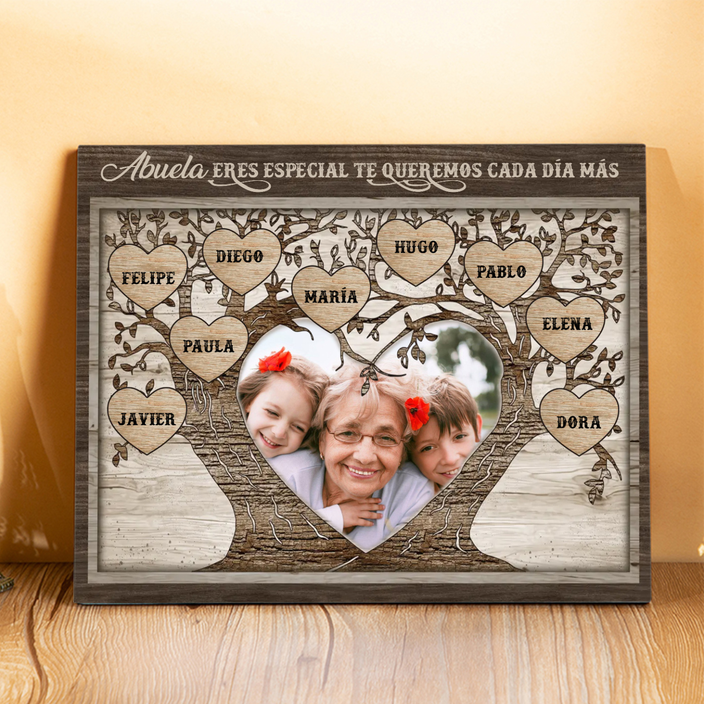 A familia - Lámina 2-9 nombres y 1 foto personalizados marco de madera árbol de la vida-Jessemade ES