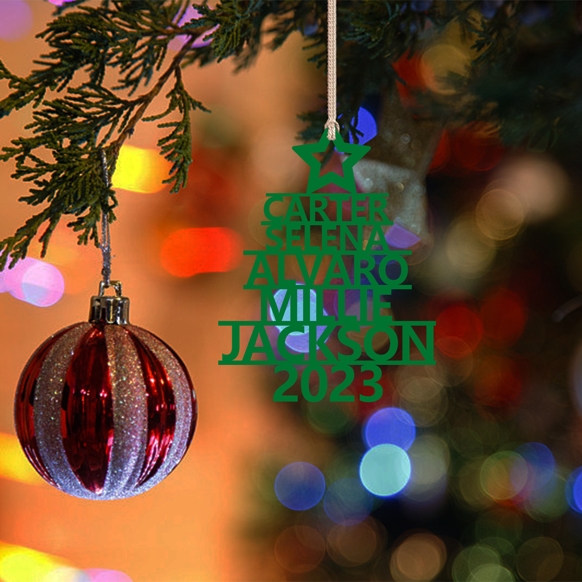 Navidad-Ornamento navideño de madera árbol de nombres con 5 nombres y año personalizados