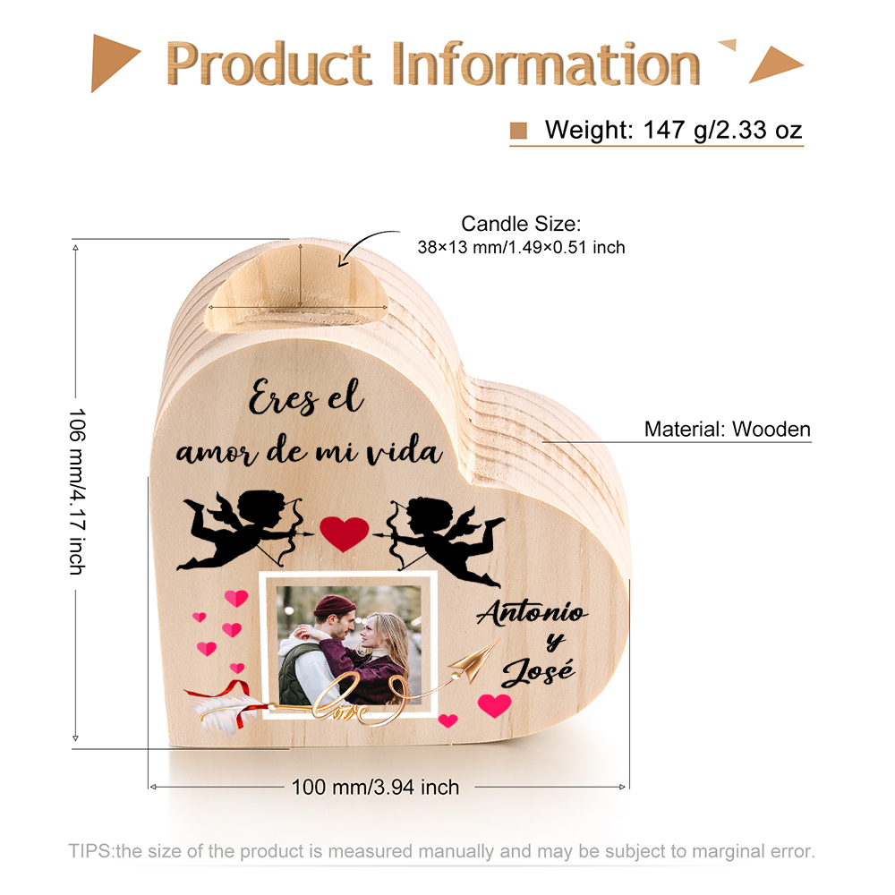Candelero de madera Cupid para pareja sin vela personalizado con 2 nombres-Jessemade ES