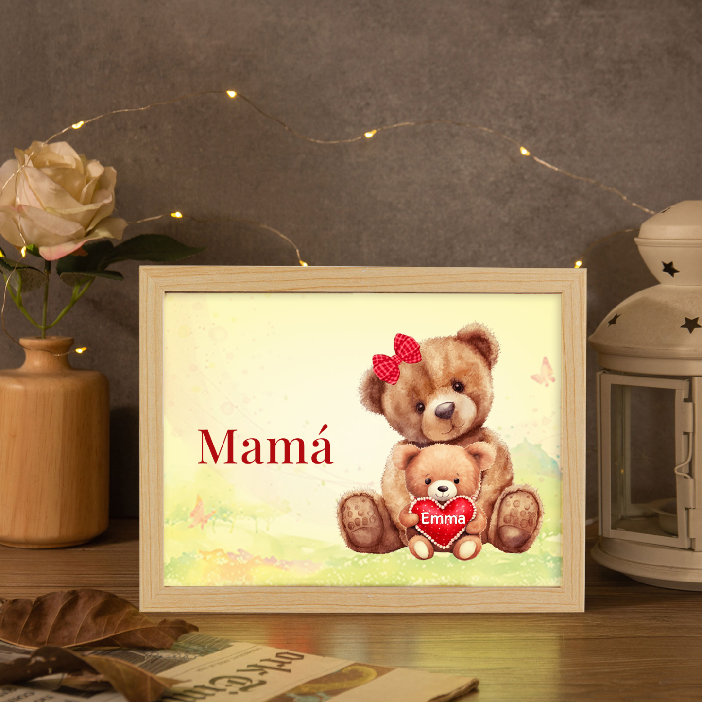 Marco con LED Familia de Osos 1-4 Nombres Personalizados con 1 Texto-Jessemade ES