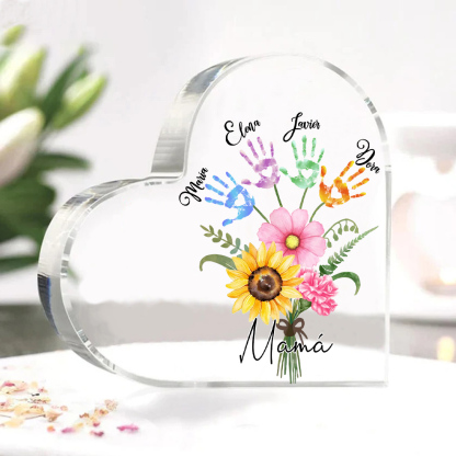 A mi mamá-Placa de acrílico en forma de corazón flor y manitas 1-5 nombres personalizados-Jessemade ES
