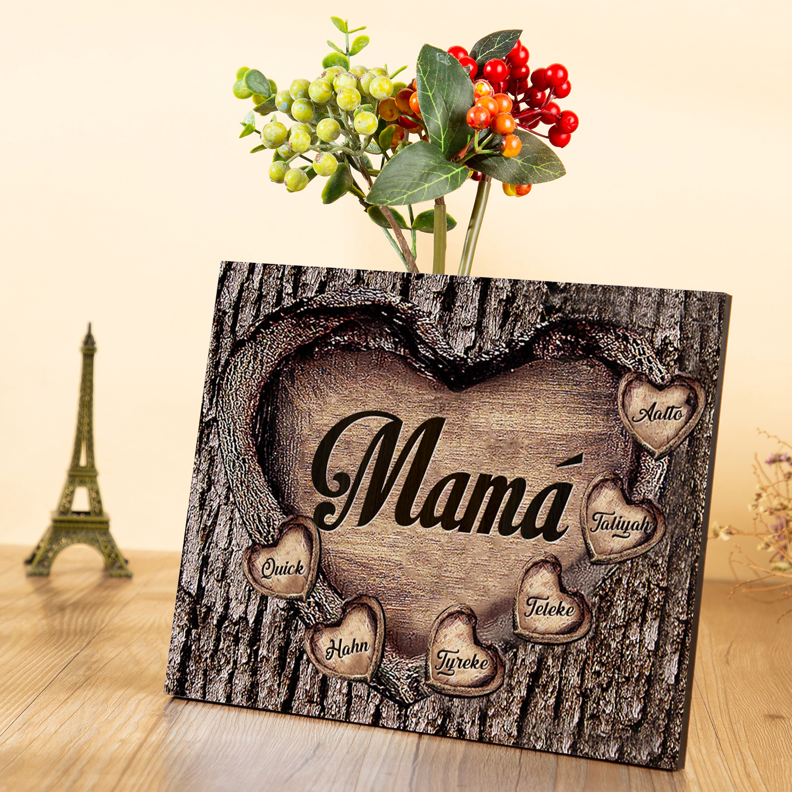 A mi mamá-Lámina marco de madera para mamá personalizado con 6 nombres-Jessemade ES