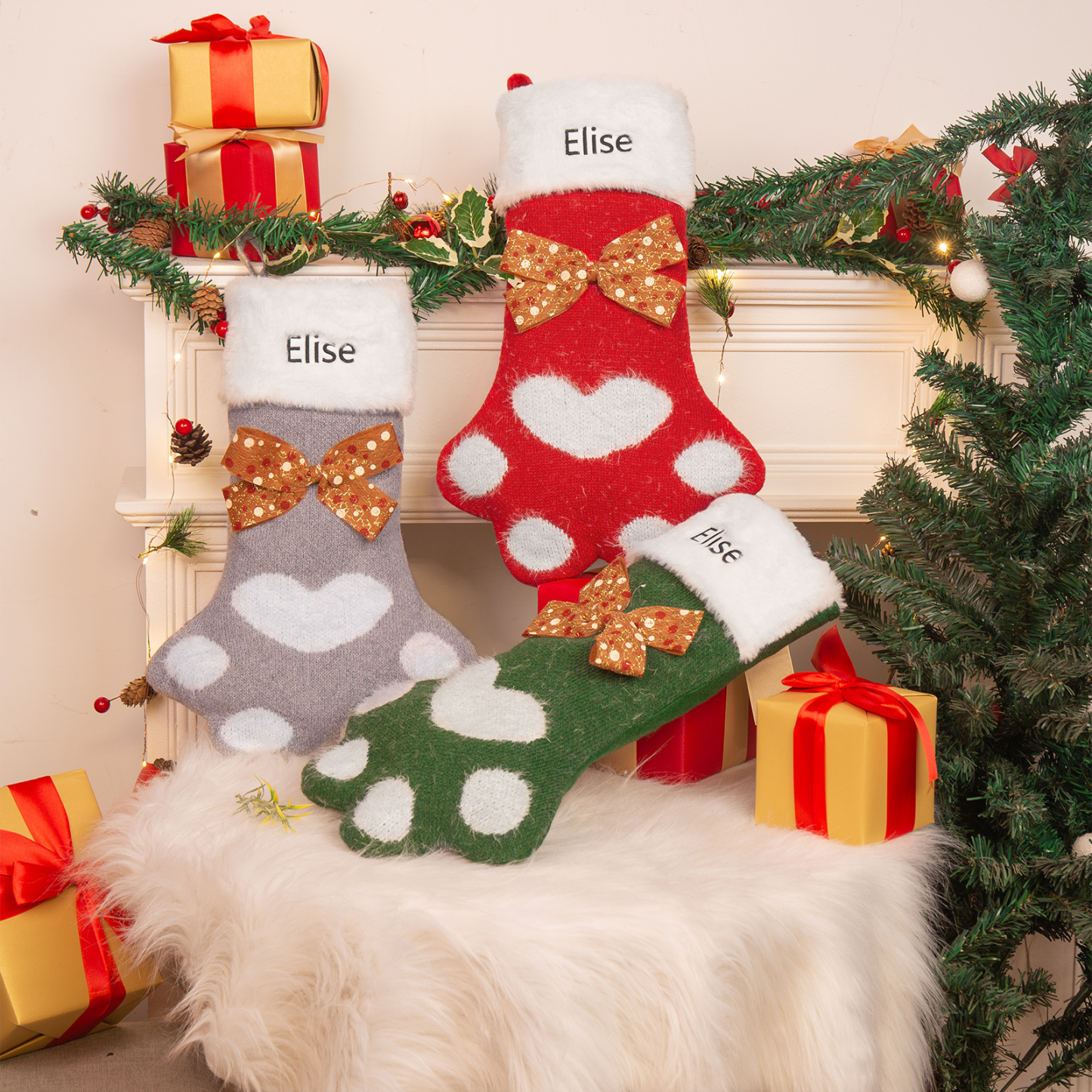Adornos de medias navideñas en forma de pata Bolsa de regalo 1 Nombre personalizado-Jessemade ES