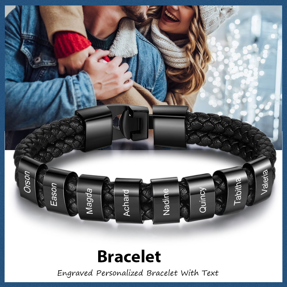 A mi papá-Pulsera de cuero trenzado Pulsera de hombre con 8 aros personalizados con 8 nombres-Jessemade ES