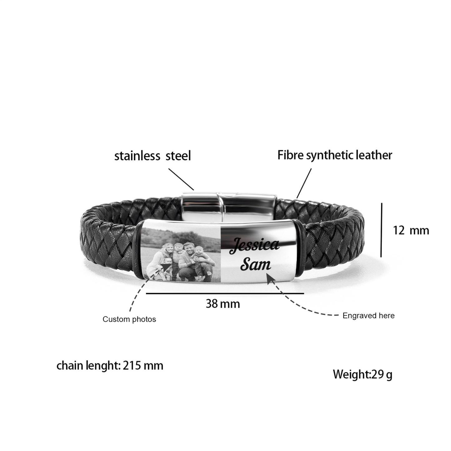 A mi papá-Pulsera de cuero trenzado personalizada con 2 nombres y 1 foto para hombre-Jessemade ES