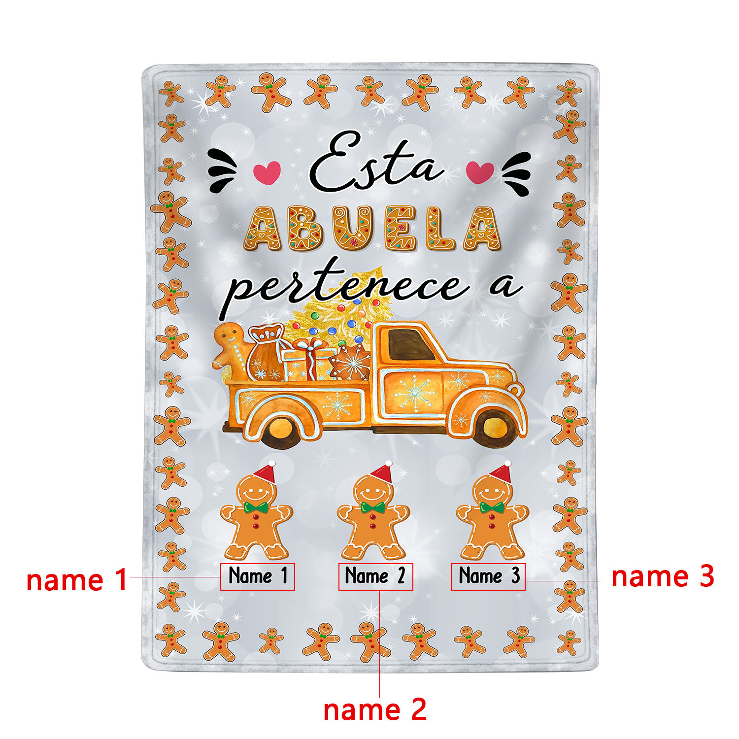 A mi abuela-Manta de buen calidad de Navidad hombres de jengibre personalizada con 3 nombres-Jessemade ES