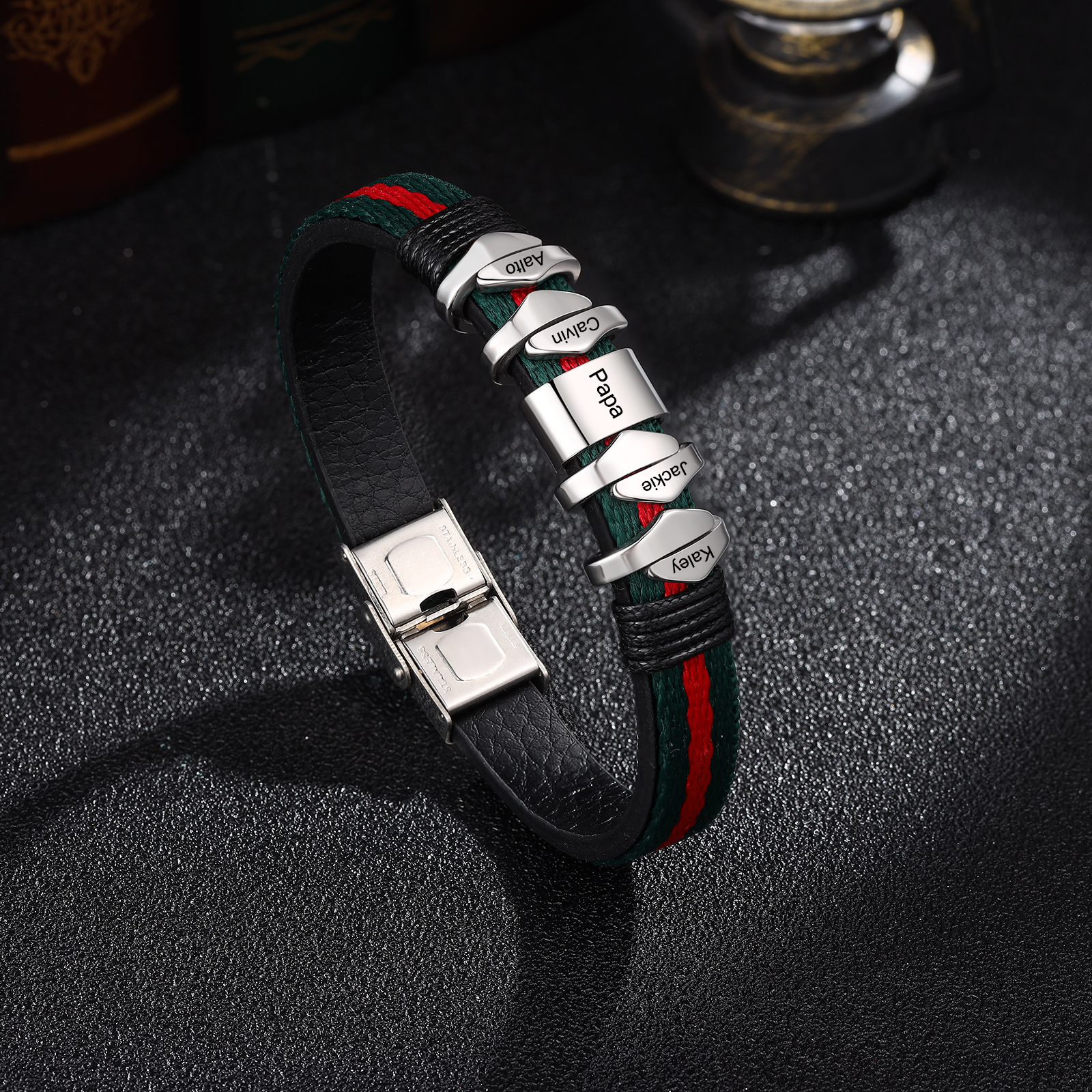 Pulsera 4 Nombres Personalizados de Cuero y Cuerda con Aros-Jessemade ES