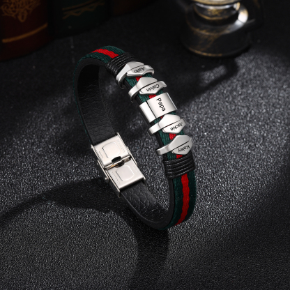 Pulsera 4 Nombres Personalizados de Cuero y Cuerda con Aros-Jessemade ES