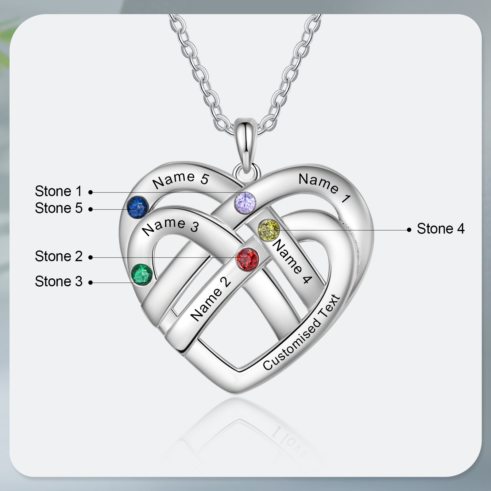 Collar de corazón con 5 nombres y piedras de nacimiento personalizados con texto-Jessemade ES