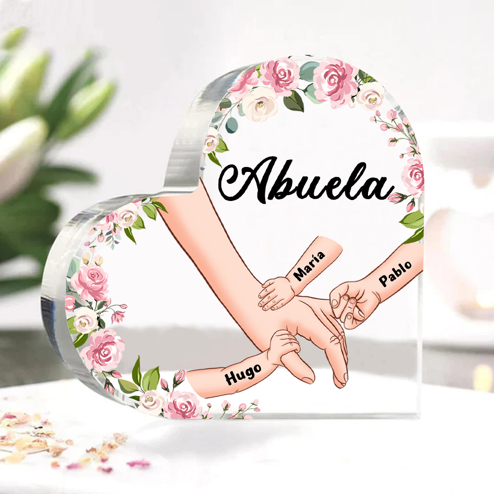A mi mamá/abuela-Placa de acrílico en forma de corazón mano a mano con 1 texto y 3 nombres personalizados | Jessemade