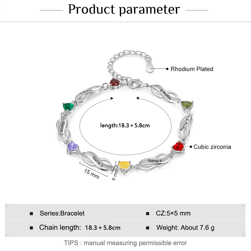 Pulsera "infinito" personalizada con 6 nombres y 6 piedras de nacimiento de corazón-Jessemade ES
