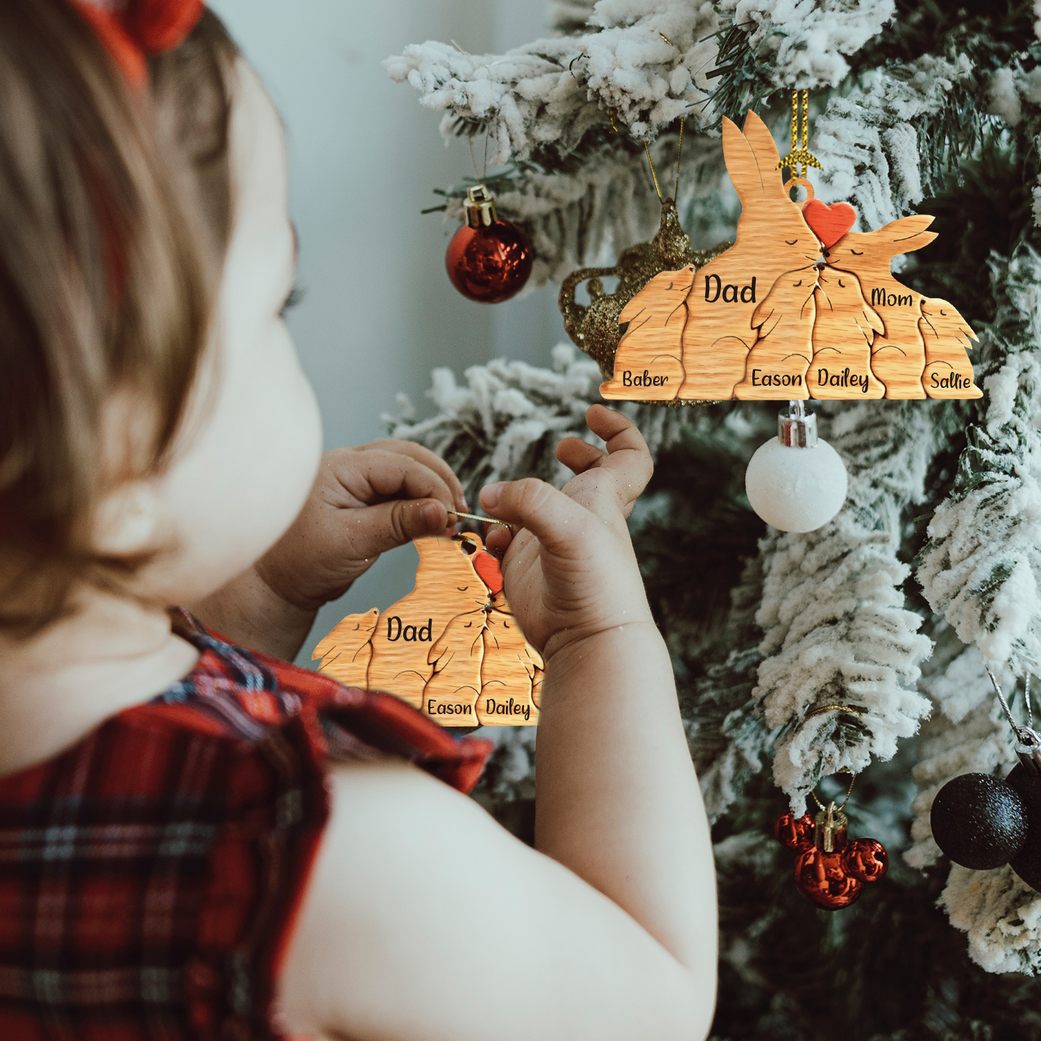 Navidad-Ornamento muñecos navideño de madera familia de conejos 6 nombres personalizados adorno del árbol-Jessemade ES