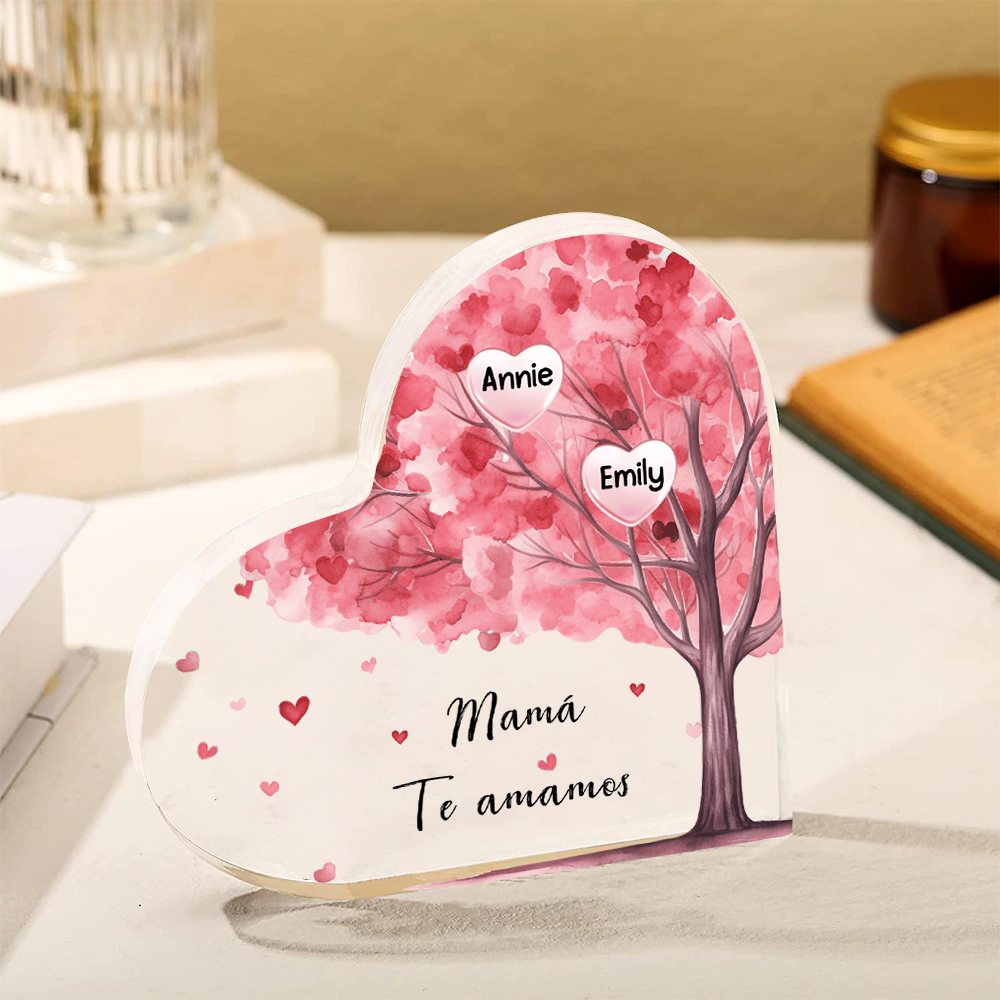 A mi mamá/abuela-Placa de acrílico "Árbol" en forma de corazón 2 nombres y 1 texto personalizados-Jessemade ES