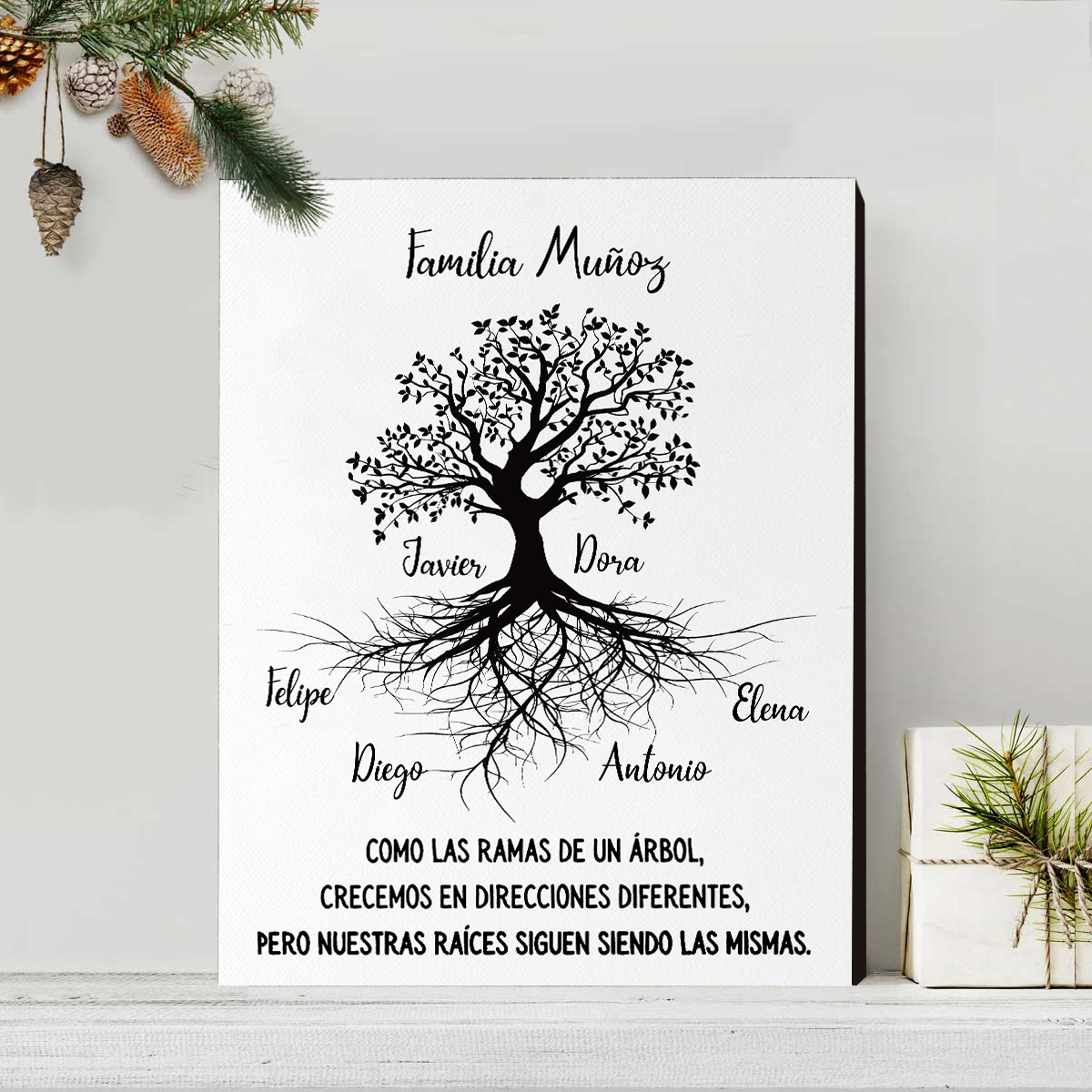 A mi familia-Lámina marco de madera Árbol de la Vida 1 texto y 6 nombres personalizados-Jessemade ES