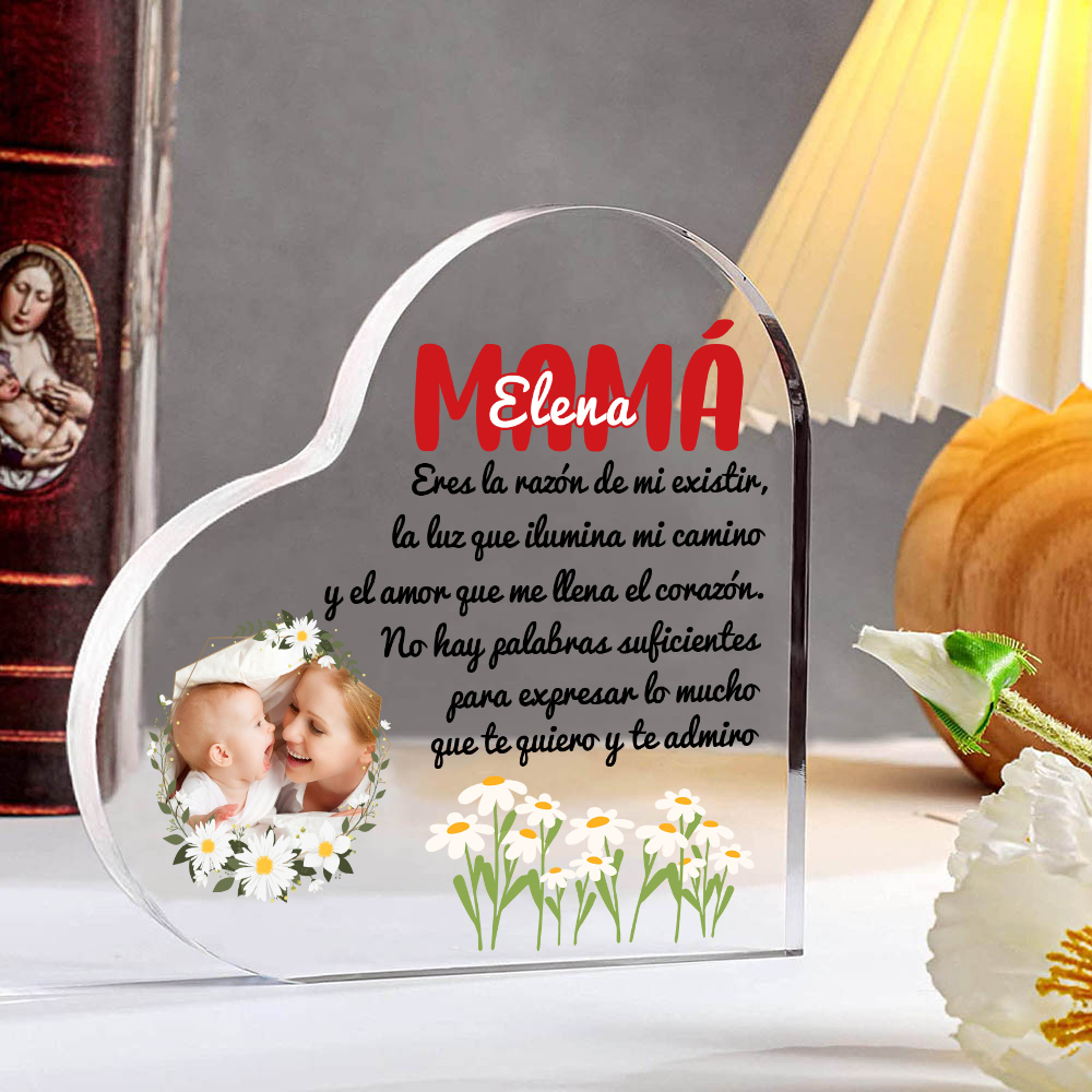 A mi mamá-Placa de acrílico en forma de corazón con frases amorosos 1 nombre y foto personalizados-Jessemade ES