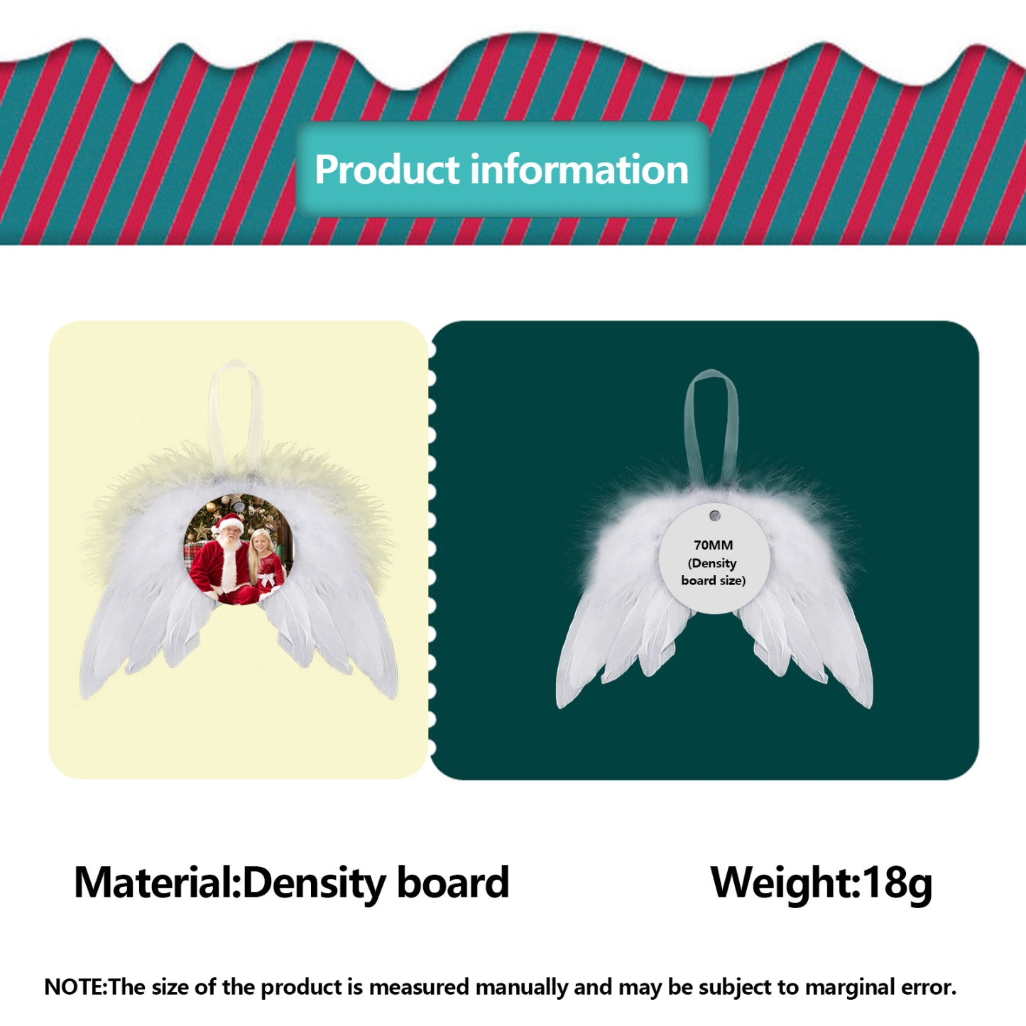 Navidad-Ornamento navideño alas de ángel con 1 foto personalizada adorno del árbol