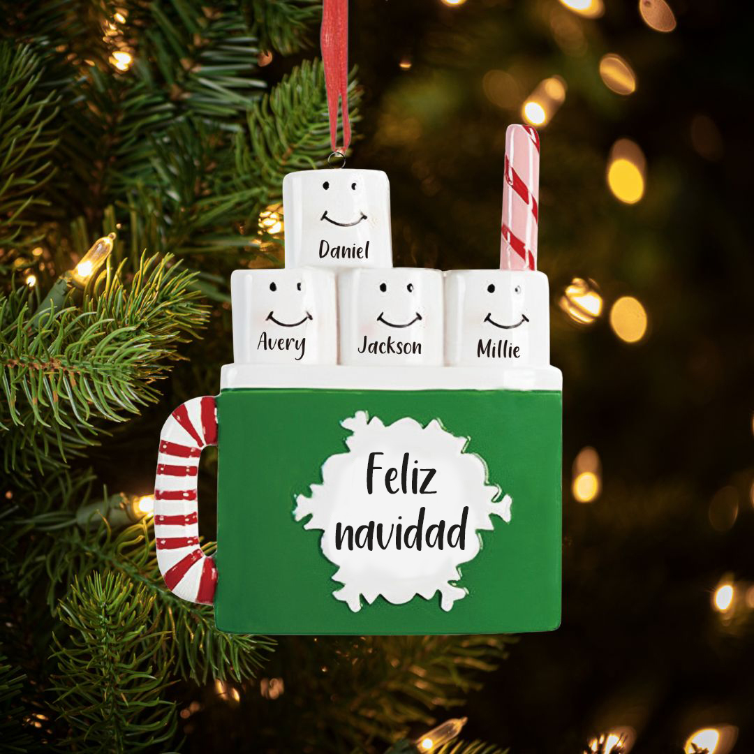 Navidad-Ornamento muñecos navideño de madera taza 4 nombres y 1 texto personalizados adorno del árbol-Jessemade ES