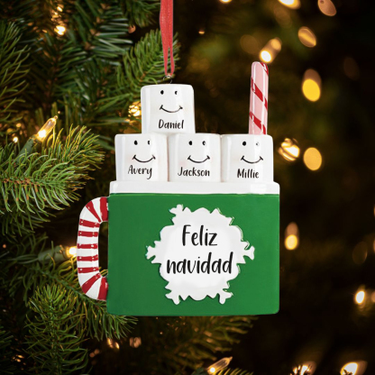 Navidad-Ornamento muñecos navideño de madera taza 4 nombres y 1 texto personalizados adorno del árbol-Jessemade ES