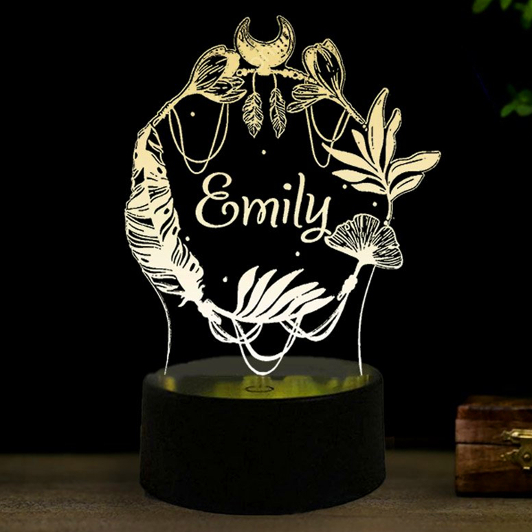 Lámpara 3D Ilusión Luz de noche de plumas LED Luces de colores personalizadas 1 nombre-Jessemade ES