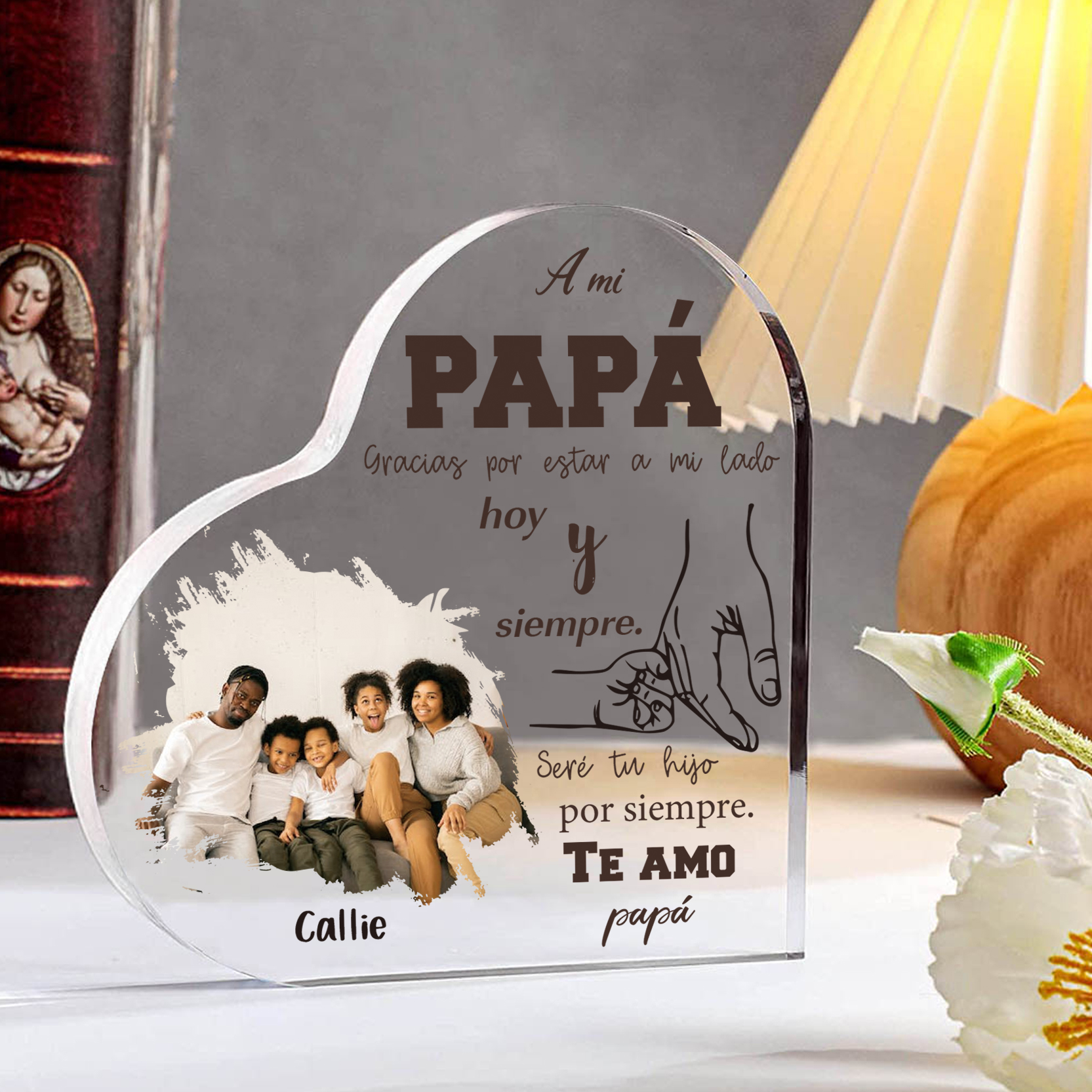 A mi papá-Placa de acrílico en forma de corazón papá e hijo con 1 nombre y 1 foto personalizados-Jessemade ES