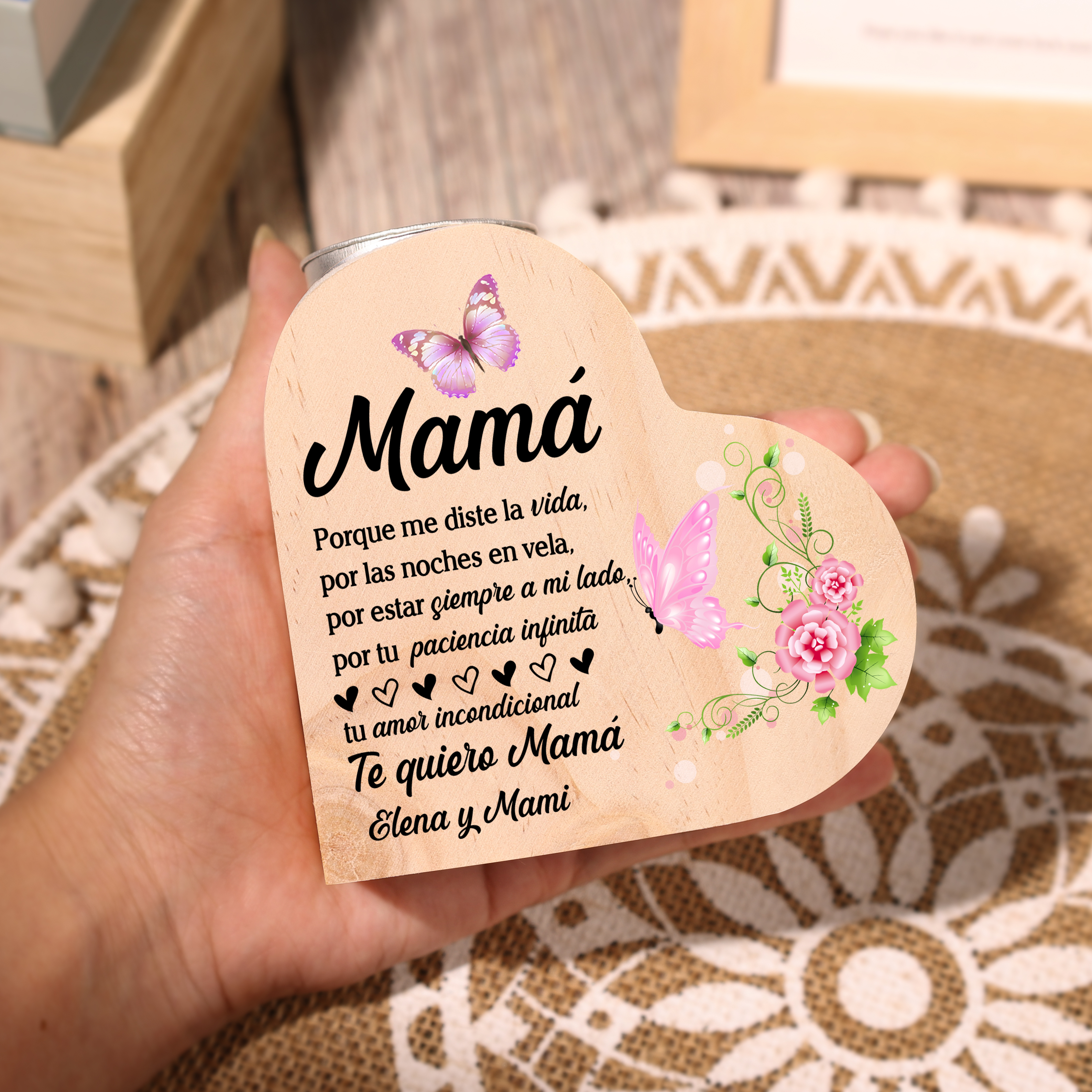 A mi mamá-Candelero con texto personalizado en forma de corazón de madera sin candela-Jessemade ES