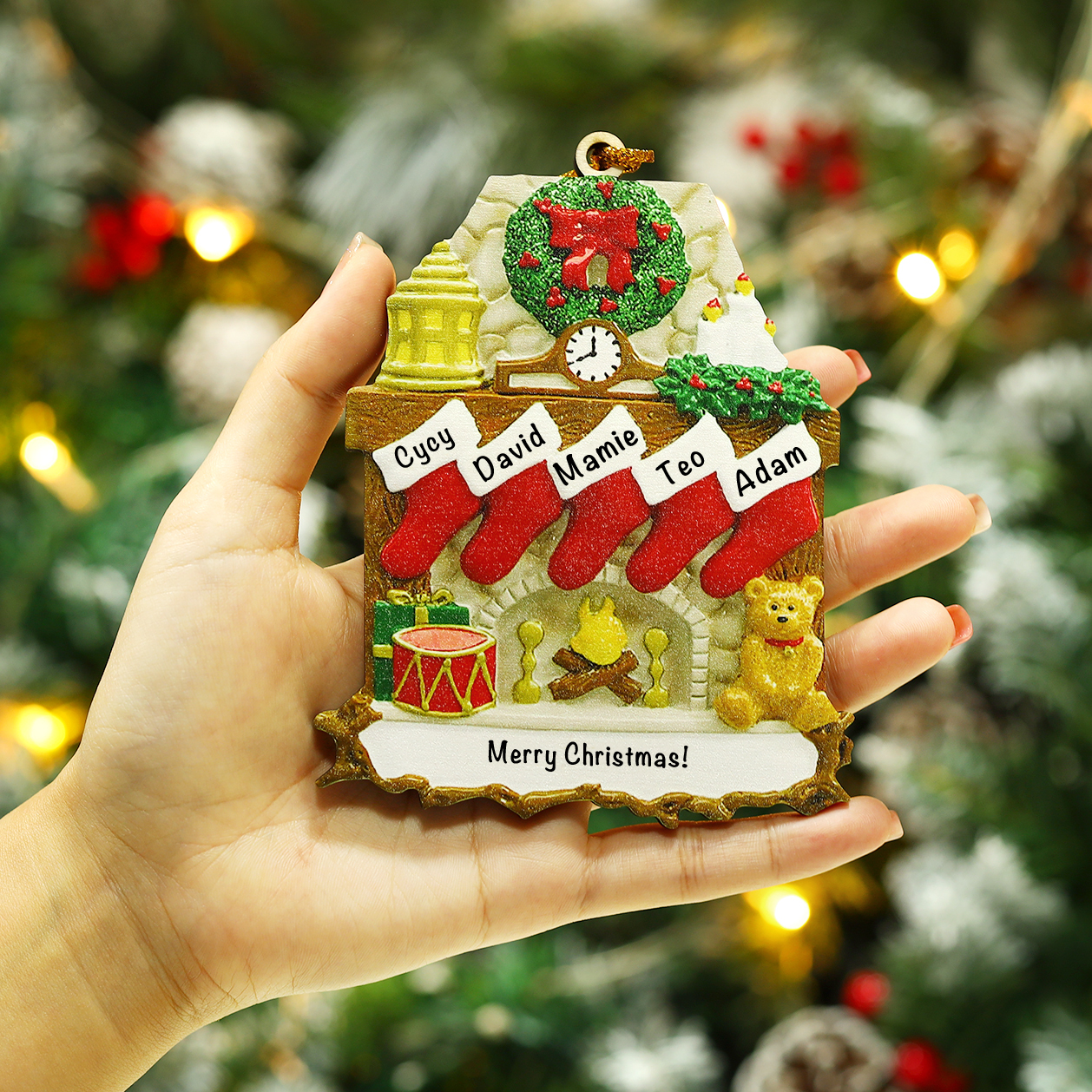 Navidad-Ornamento navideño de madera chimenea y calcetines con 5 nombres y 1 texto personalizados