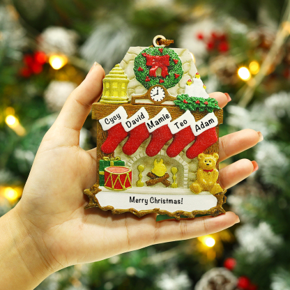Navidad-Ornamento navideño de madera chimenea y calcetines con 5 nombres y 1 texto personalizados