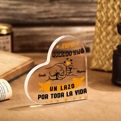 Placa de acrílico en forma de corazón puño con puño papá e hijo con 2 nombres personalizados-Jessemade ES