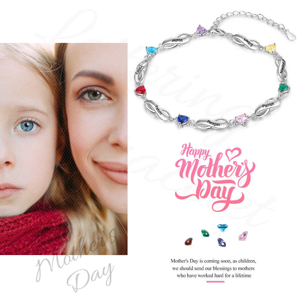 Pulsera "infinito" personalizada con 7 nombres y 7 piedras de nacimiento de corazón-Jessemade ES