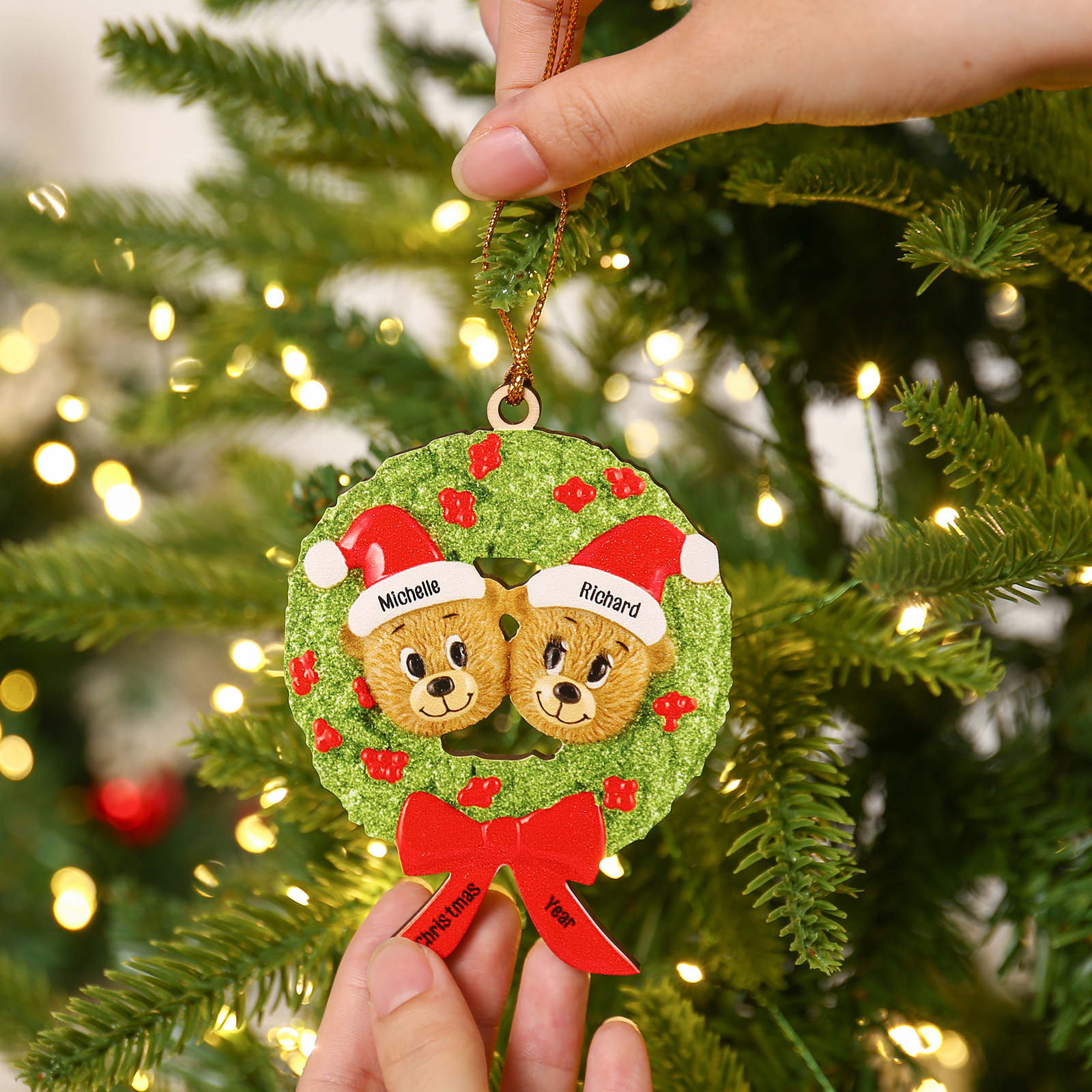 Navidad-Ornamentos Navideños de Madera Guirnalda y osos 2 Nombres con 2 Textos Personalizados