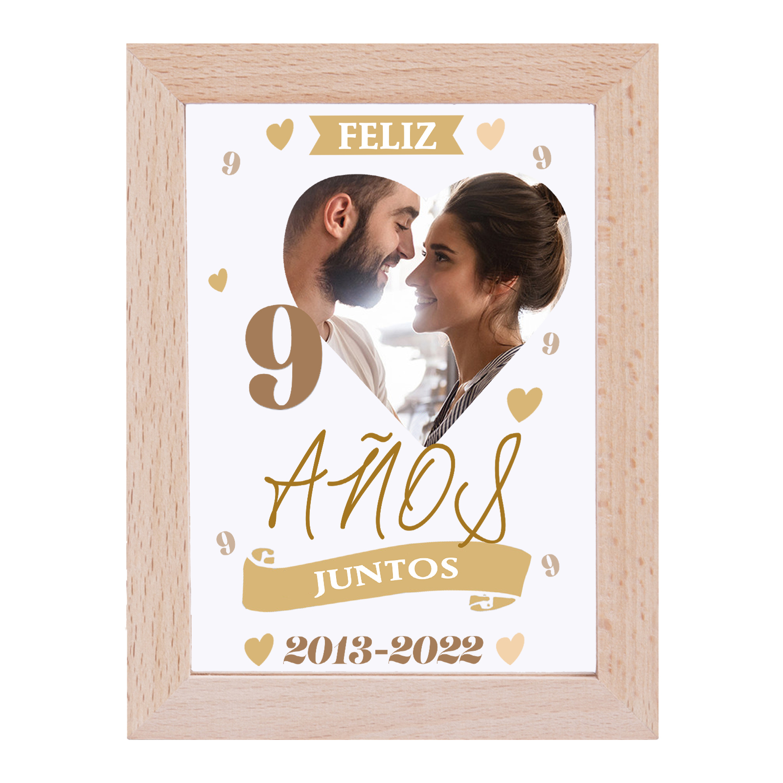 Marco con lámpara aniversario de 1 foto de madera para pareja 1 texto y número personalizados-Jessemade ES