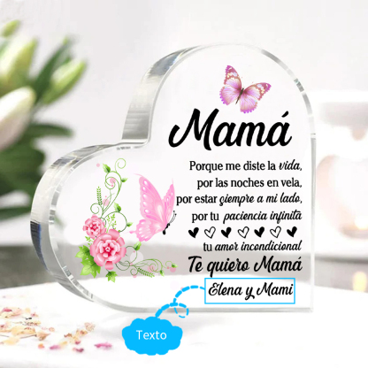 A mi mamá-Placa de acrílico en forma de corazón mariposas y frases amorosos 1 texto personalizado-Jessemade ES